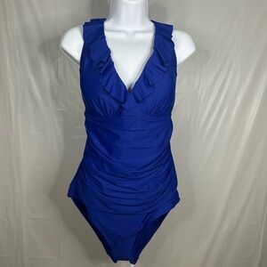 DKNY Blue Ruffle One Piece Swimsuit Ruched Tummy Control Size XL NWT